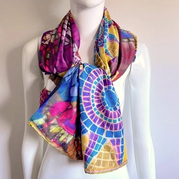 CARTIER Paris. Silk Scarf, Multicoloured Stained Glass Pattern, Pink Wolf 125-03 - Picture 1 of 10